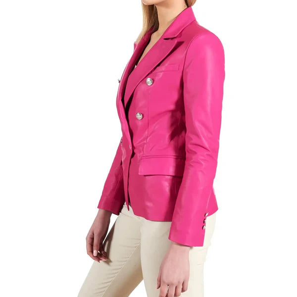 Women's Pink Double Breasted Leather Coat-Women Leather Jacket-Premium Leather Store