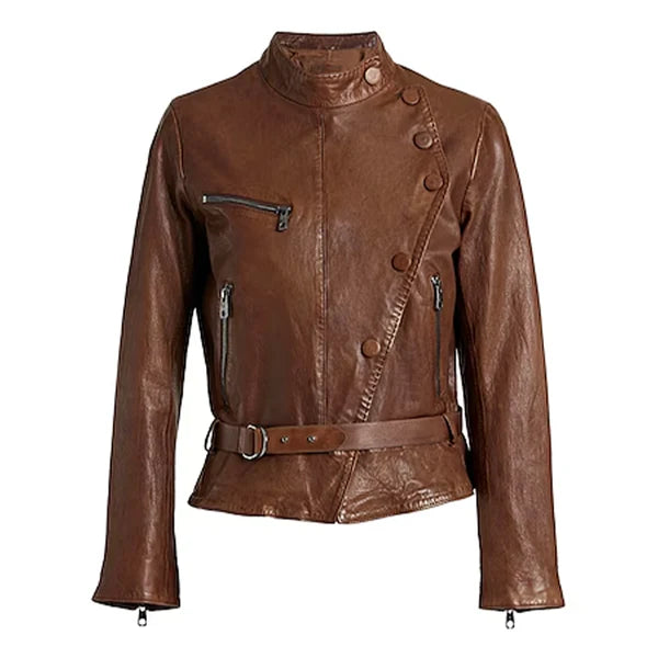 Women's Brown Buttoned Leather Moto Jacket-Women Leather Jacket-Premium Leather Store