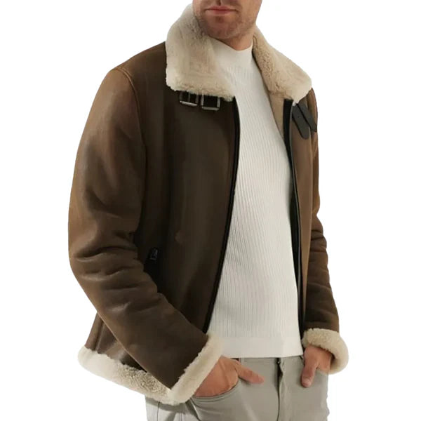 Men's Brown Faux Shearling B3 Leather Jacket-Men Shearling Jacket-Premium Leather Store