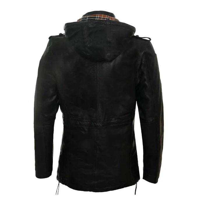 Black Classic Hooded Leather Trench Overcoat-Men Leather Coat-Premium Leather Store