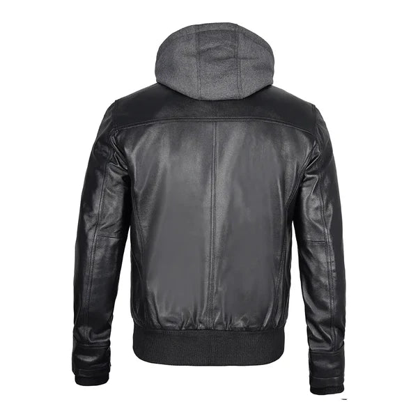 Men's Grey Hoodie Leather Jacket-Leather Jackets-Premium Leather Store