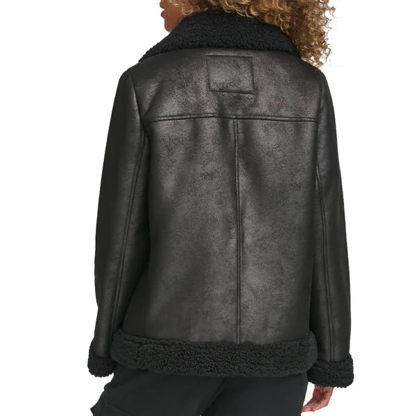 Women's Faux Shearling Lined Moto Leather Jacket-Women Shearling Jacket-Premium Leather Store