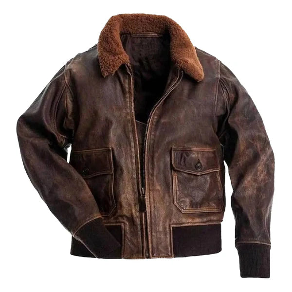 Men's Brown G-1 Faux Shearling Distressed Bomber Jacket-Men Shearling Jacket-Premium Leather Store