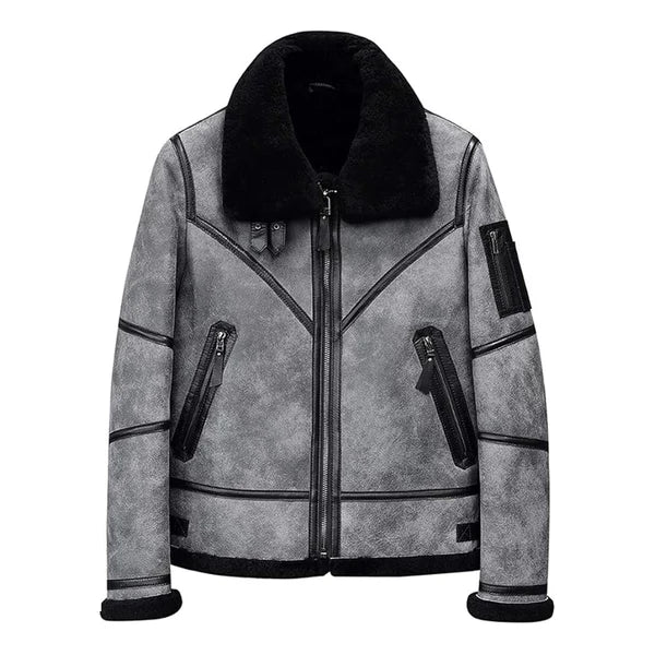 Men's Faux Shearling B3 Grey Overcoat Leather Jacket-Men Shearling Jacket-Premium Leather Store