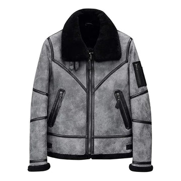 Men's Faux Shearling B3 Grey Overcoat Leather Jacket-Men Shearling Jacket-Premium Leather Store