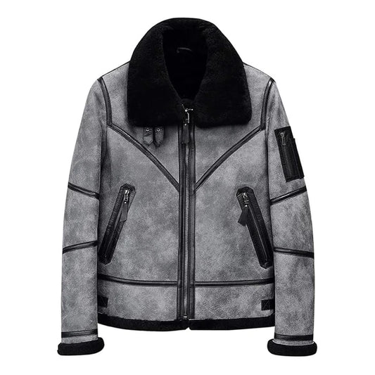 Men's Faux Shearling B3 Grey Overcoat Leather Jacket-Men Shearling Jacket-Premium Leather Store