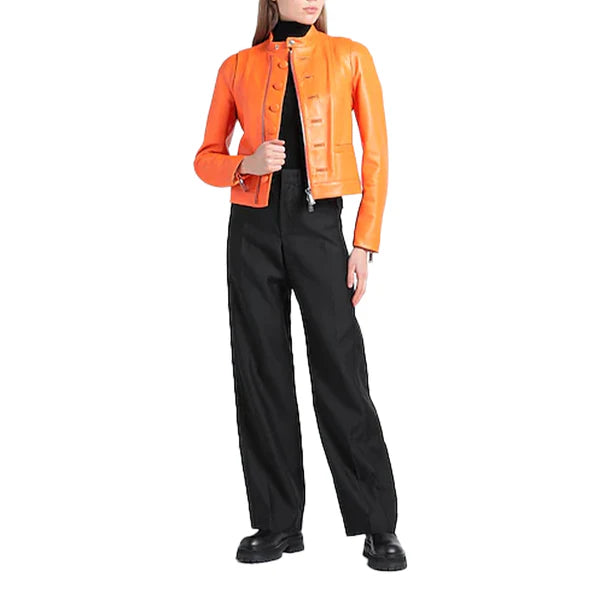 Women's Orange Donna Biker Leather Jacket-Women Biker Jacket-Premium Leather Store