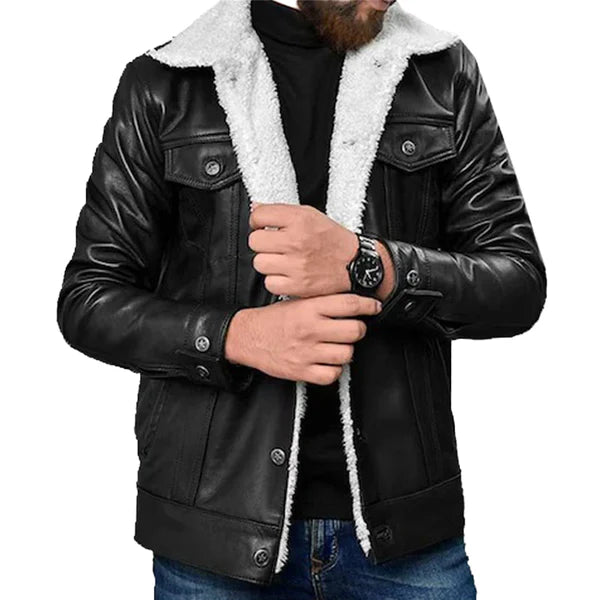 Men's Black Aviator Faux Shearling Leather Jacket-Men Shearling Jacket-Premium Leather Store