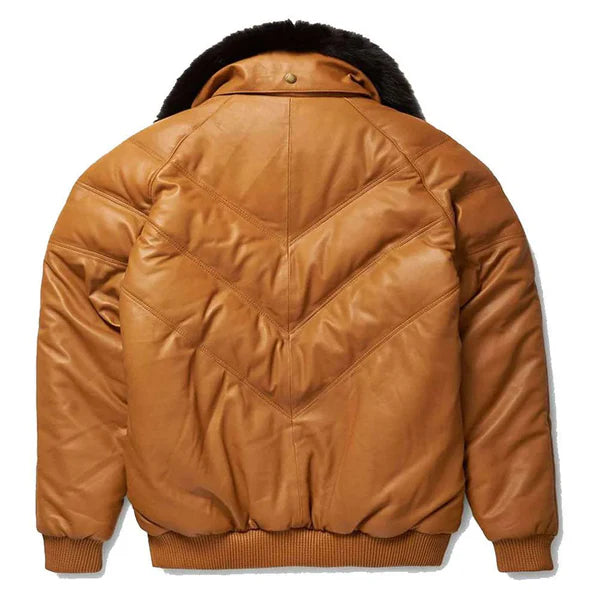 Men's Brown V-Bomber Faux Shearling Leather Jacket-Men Shearling Jacket-Premium Leather Store