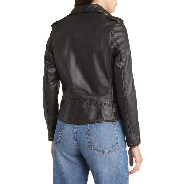 Women's Black Asymmetric Moto Leather Jacket-Women Biker Jacket-Premium Leather Store