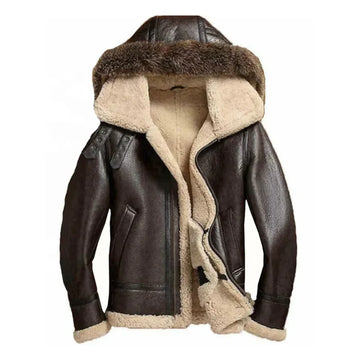 Men's Brown Faux Shearling Fur Leather Jacket-Men Shearling Jacket-Premium Leather Store