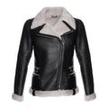 Women's White Faux Fur Merino Shearling Black Leather Jacket-Women Shearling Jacket-Premium Leather Store