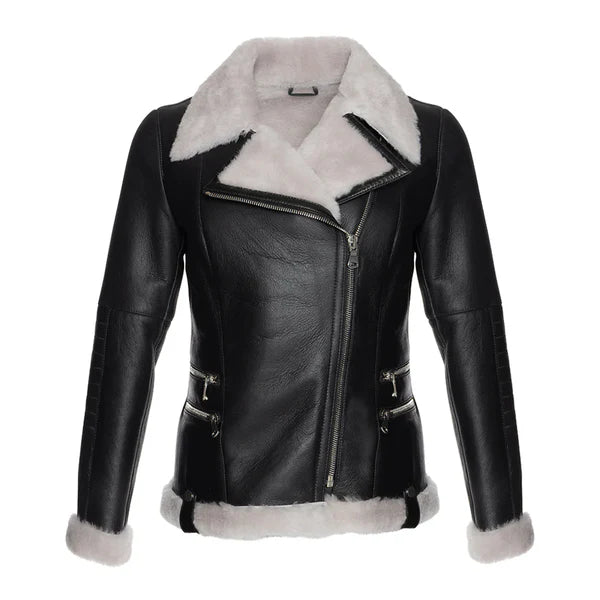 Women's White Faux Fur Merino Shearling Black Leather Jacket-Women Shearling Jacket-Premium Leather Store