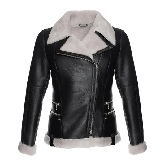 Women's White Faux Fur Merino Shearling Black Leather Jacket-Women Shearling Jacket-Premium Leather Store