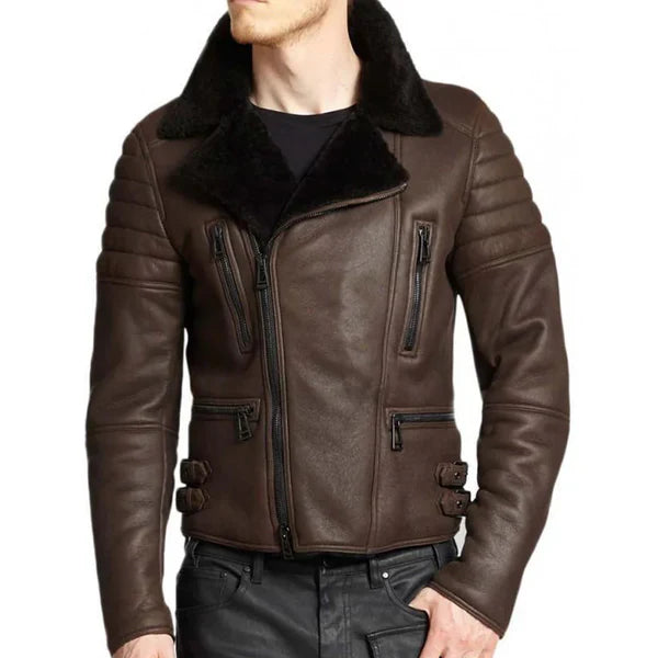 Men's Black Faux Shearling Cafe Bomber Leather Jacket-Men Shearling Jacket-Premium Leather Store