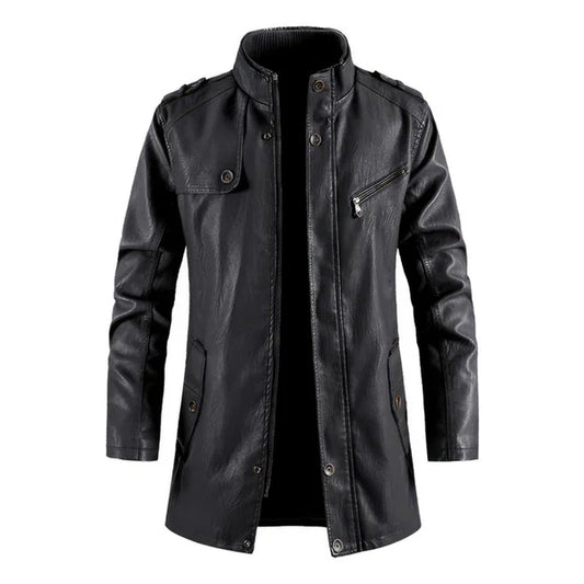 Black Stand Collar Vintage Casual Biker Leather Coat-Men Leather Coat-Premium Leather Store