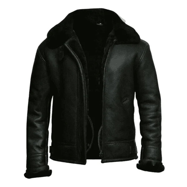Men's Black Aviator Faux Shearling Bomber Leather Jacket-Men Shearling Jacket-Premium Leather Store