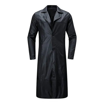 Black Button Closure Leather Long Coat-Men Leather Coat-Premium Leather Store