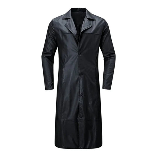 Black Button Closure Leather Long Coat-Men Leather Coat-Premium Leather Store
