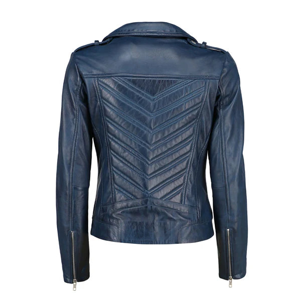 Women's Blue Zip-Up Handwaxed Moto Jacket-Women Leather Jacket-Premium Leather Store