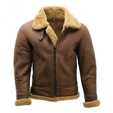 Men's Brown Faux Shearling Leather Jacket-Men Shearling Jacket-Premium Leather Store