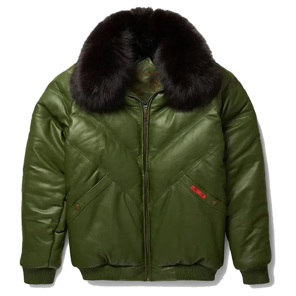 Men's Green V-Bomber Faux Shearling Leather Jacket-Men Shearling Jacket-Premium Leather Store