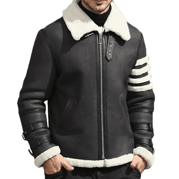 Men's Black & White Faux Shearling B3 Bomber Jacket-Men Shearling Jacket-Premium Leather Store