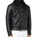 Men's Black Faux Shearling Fur Collar Bomber Leather Jacket-Men Shearling Jacket-Premium Leather Store