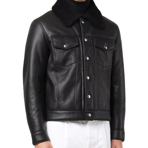 Men's Black Faux Shearling Fur Collar Bomber Leather Jacket-Men Shearling Jacket-Premium Leather Store