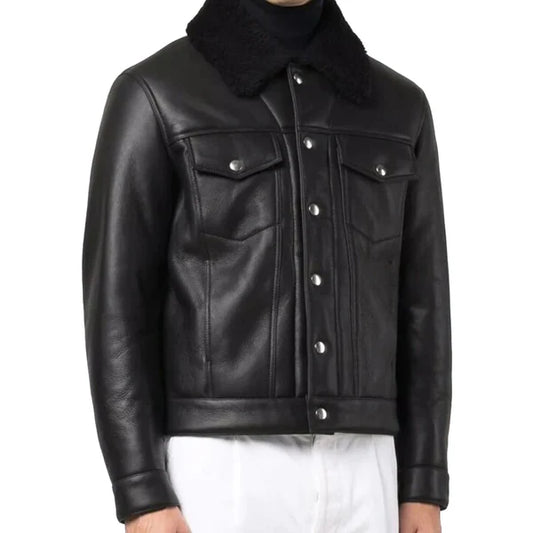 Men's Black Faux Shearling Fur Collar Bomber Leather Jacket-Men Shearling Jacket-Premium Leather Store
