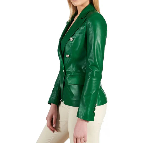 Women's Green Double Breasted Leather Coat-Women Leather Jacket-Premium Leather Store