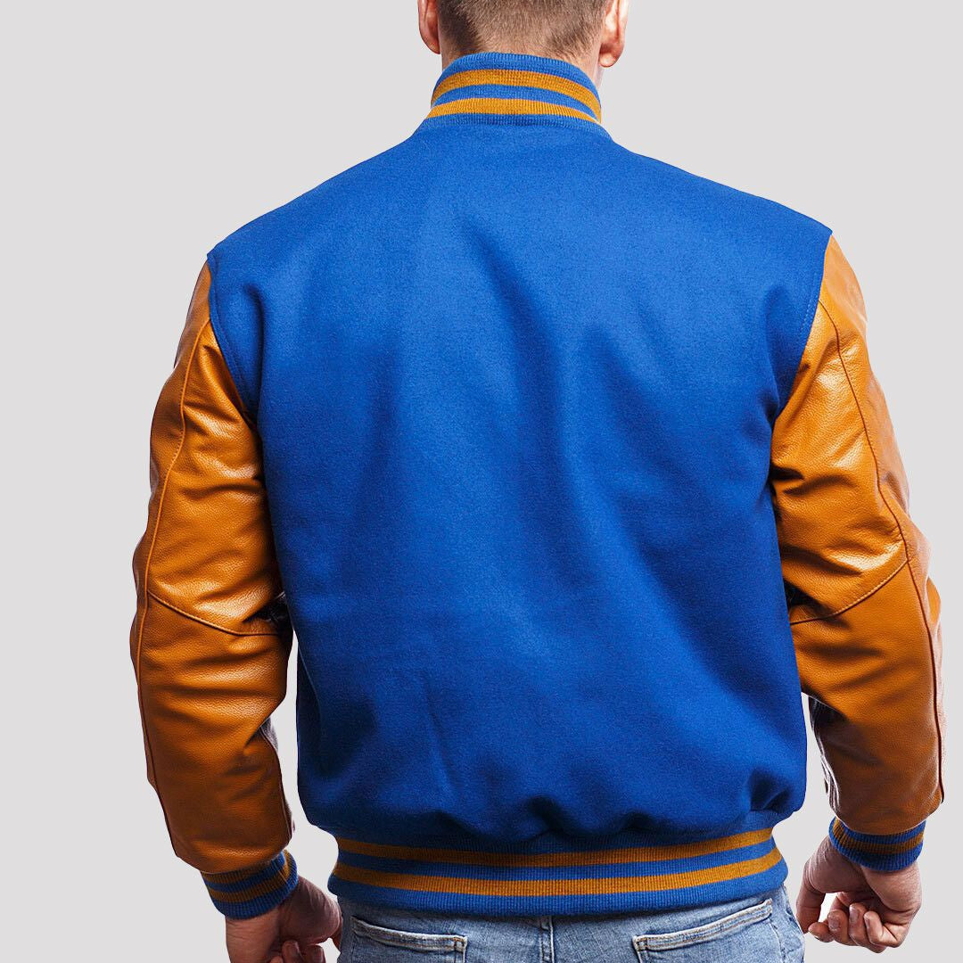 Bright Royal Wool Varsity Jacket with Old Gold Leather Sleeves-Varsity Jackets-Premium Leather Store