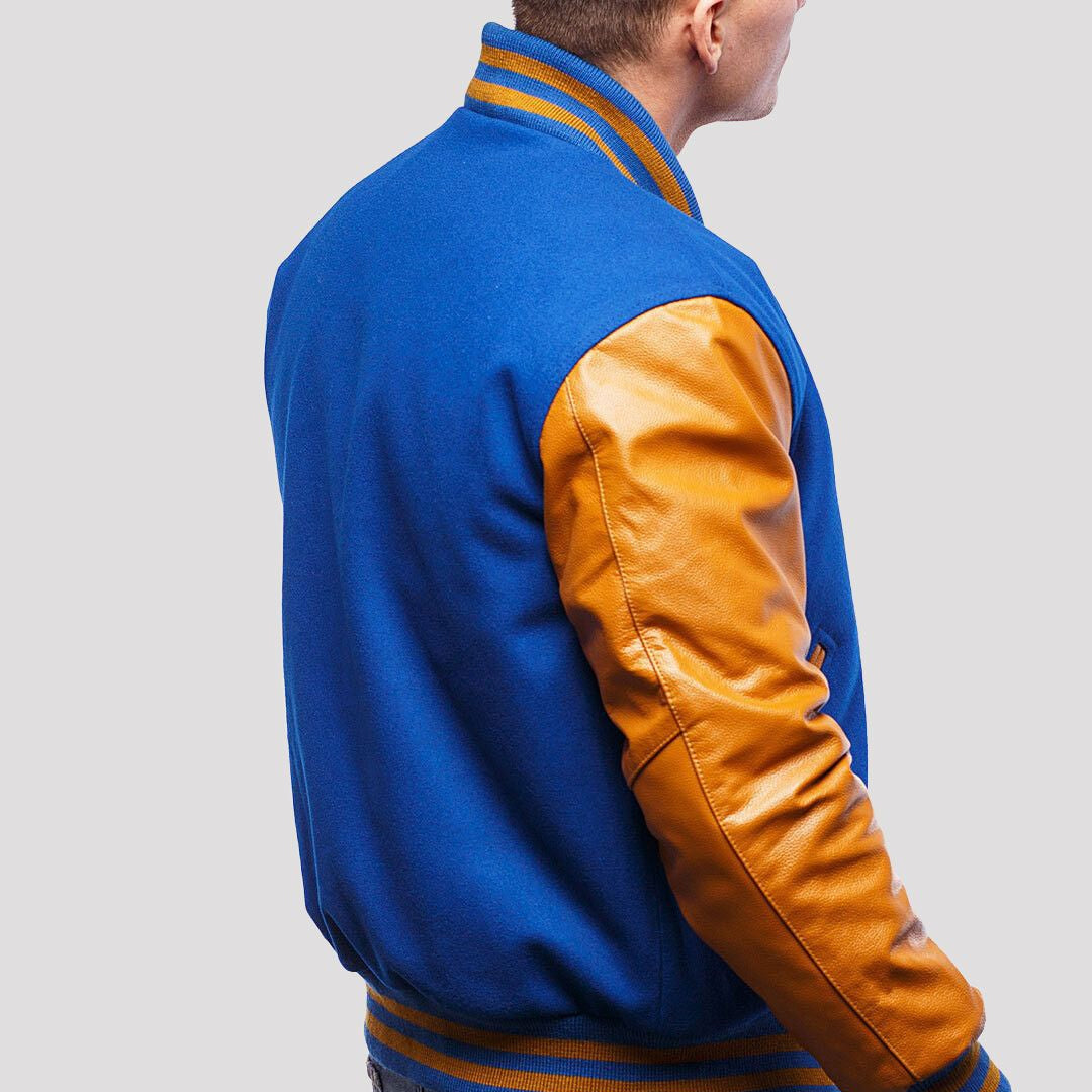 Bright Royal Wool Varsity Jacket with Old Gold Leather Sleeves-Varsity Jackets-Premium Leather Store