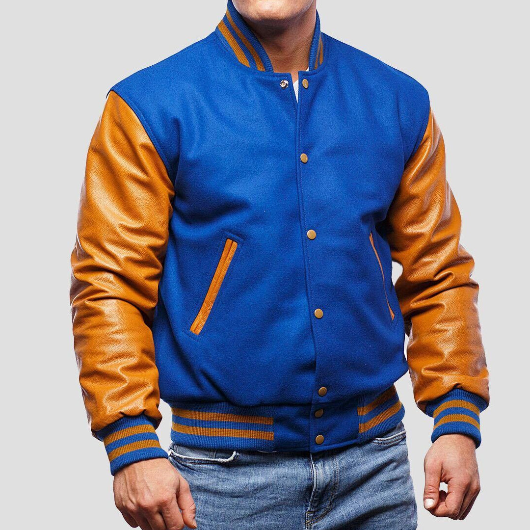 Bright Royal Wool Varsity Jacket with Old Gold Leather Sleeves-Varsity Jackets-Premium Leather Store