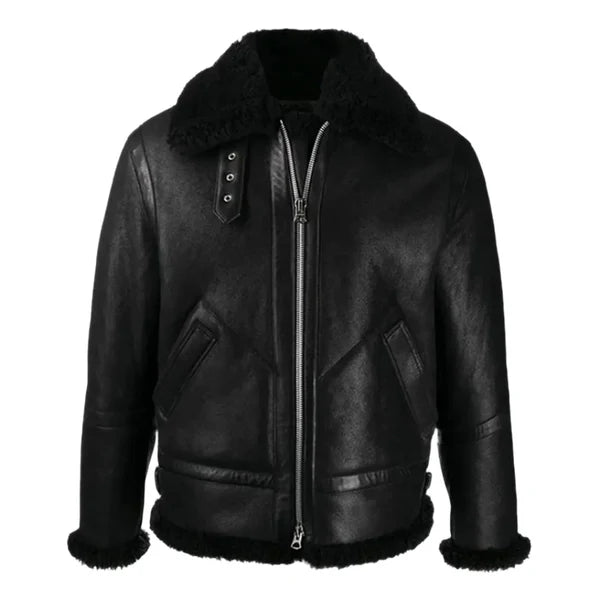 Men's Black Faux Shearling B3 Bomber Leather Jacket-Men Shearling Jacket-Premium Leather Store