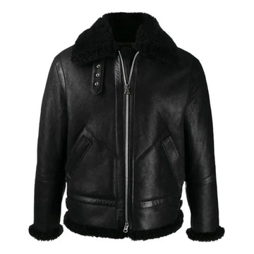 Men's Black Faux Shearling B3 Bomber Leather Jacket-Men Shearling Jacket-Premium Leather Store