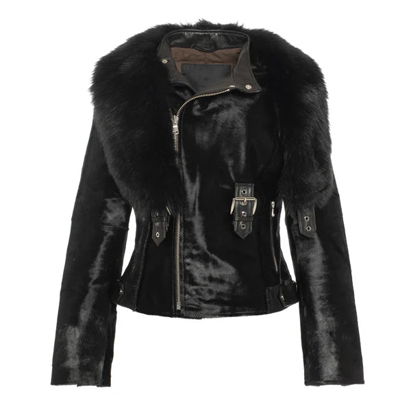 Women's Tara Calf Faux Shearling Black Fur Leather Jacket-Women Shearling Jacket-Premium Leather Store