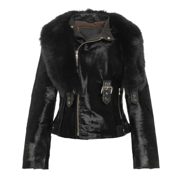 Women's Tara Calf Faux Shearling Black Fur Leather Jacket-Women Shearling Jacket-Premium Leather Store