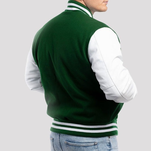 Kelly Green Wool Varsity Jacket with Bright White Leather Sleeves-Varsity Jackets-Premium Leather Store