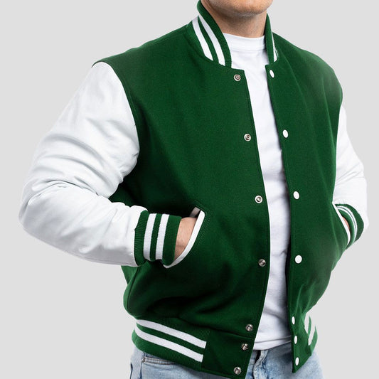 Kelly Green Wool Varsity Jacket with Bright White Leather Sleeves-Varsity Jackets-Premium Leather Store