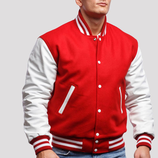 Scarlet Wool Varsity Jacket with Bright White Leather Sleeves-Varsity Jackets-Premium Leather Store