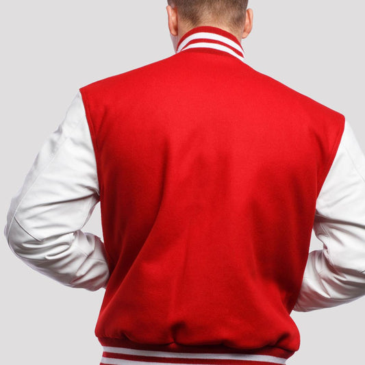 Scarlet Wool Varsity Jacket with Bright White Leather Sleeves-Varsity Jackets-Premium Leather Store