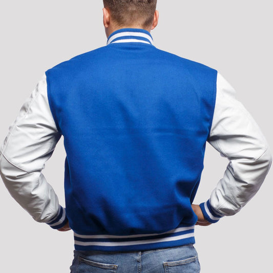Bright Royal Wool Varsity Jacket with Bright White Leather Sleeves-Varsity Jackets-Premium Leather Store
