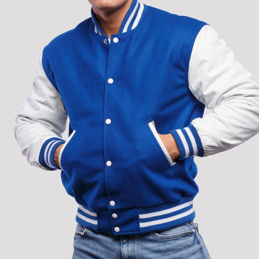 Bright Royal Wool Varsity Jacket with Bright White Leather Sleeves-Varsity Jackets-Premium Leather Store