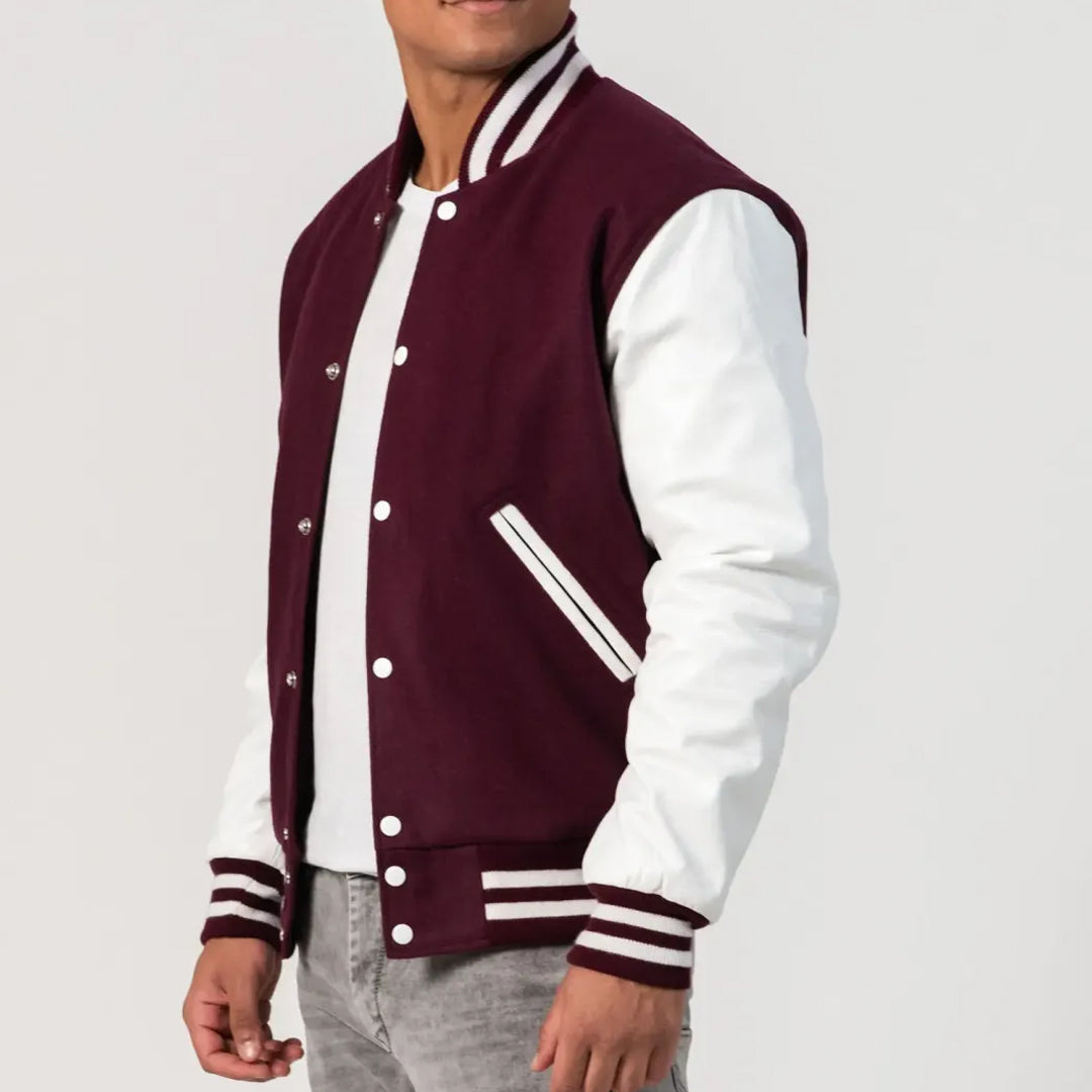 Maroon Wool Varsity Jacket with Bright White Leather Sleeves-Varsity Jackets-Premium Leather Store