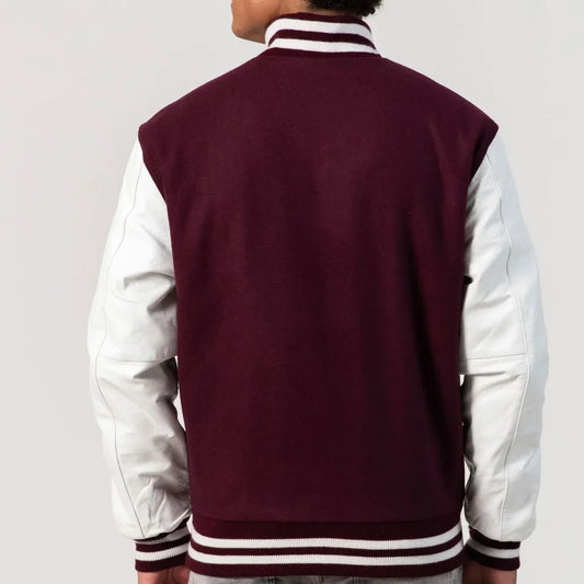 Maroon Wool Varsity Jacket with Bright White Leather Sleeves-Varsity Jackets-Premium Leather Store