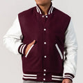 Maroon Wool Varsity Jacket with Bright White Leather Sleeves-Varsity Jackets-Premium Leather Store