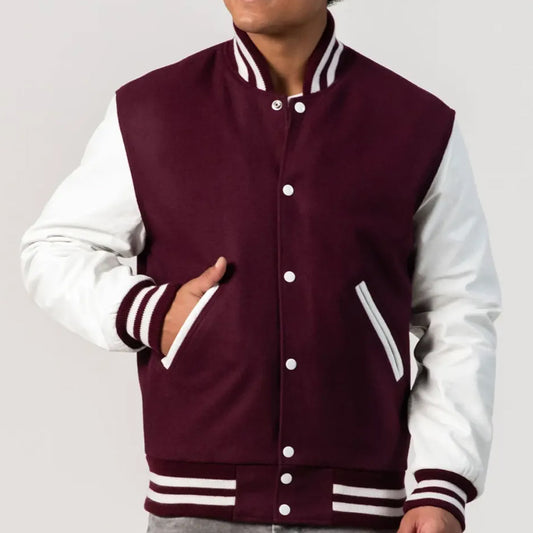 Maroon Wool Varsity Jacket with Bright White Leather Sleeves-Varsity Jackets-Premium Leather Store