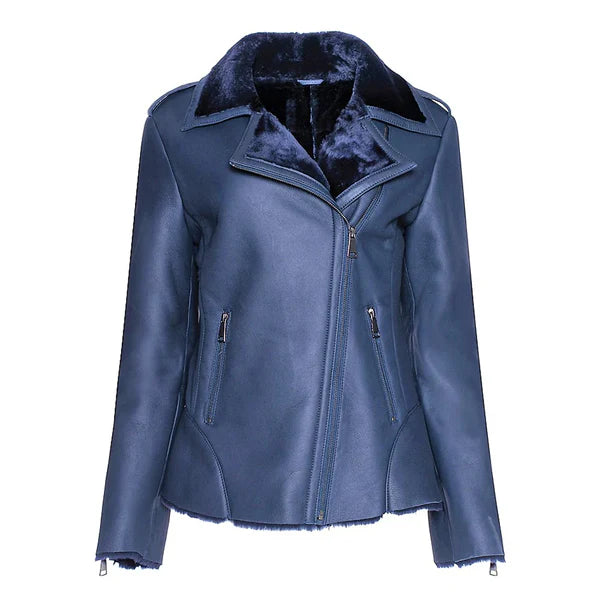 Women's Blue Faux Shearling Straight Moto Leather Jacket-Women Shearling Jacket-Premium Leather Store