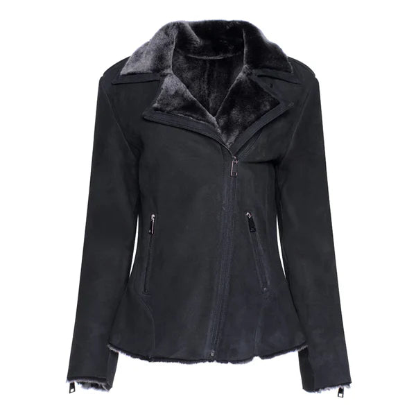 Women's Black Faux Shearling Straight Moto Leather Jacket-Women Shearling Jacket-Premium Leather Store